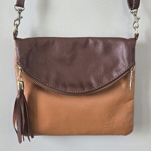 Vera Pelle Brown and Tan Leather Crossbody Bag with Tassel